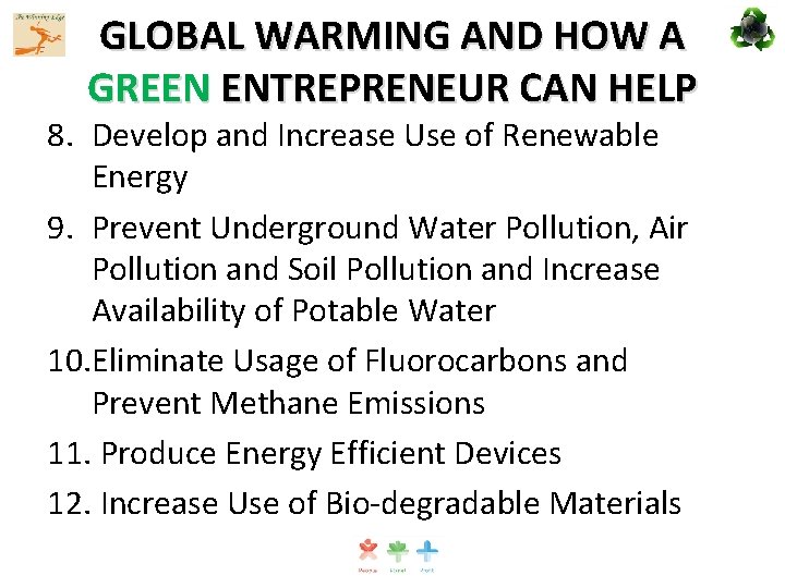 GLOBAL WARMING AND HOW A GREEN ENTREPRENEUR CAN HELP 8. Develop and Increase Use