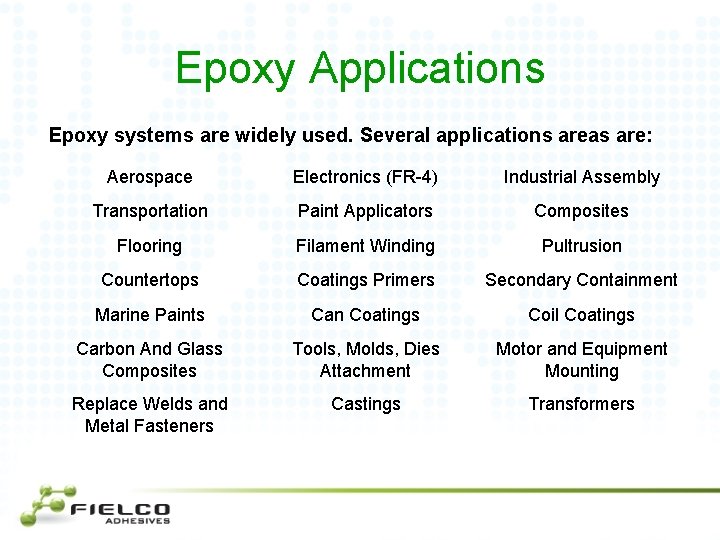 Epoxy Applications Epoxy systems are widely used. Several applications areas are: Aerospace Electronics (FR-4)