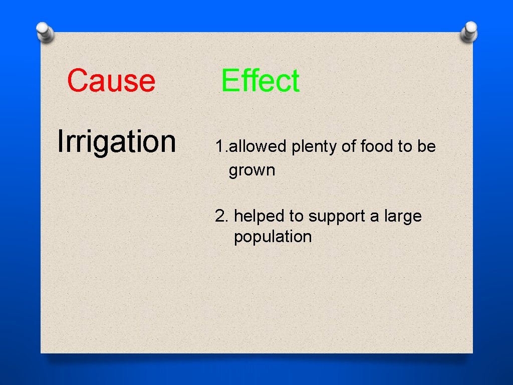 Cause Irrigation Effect 1. allowed plenty of food to be grown 2. helped to