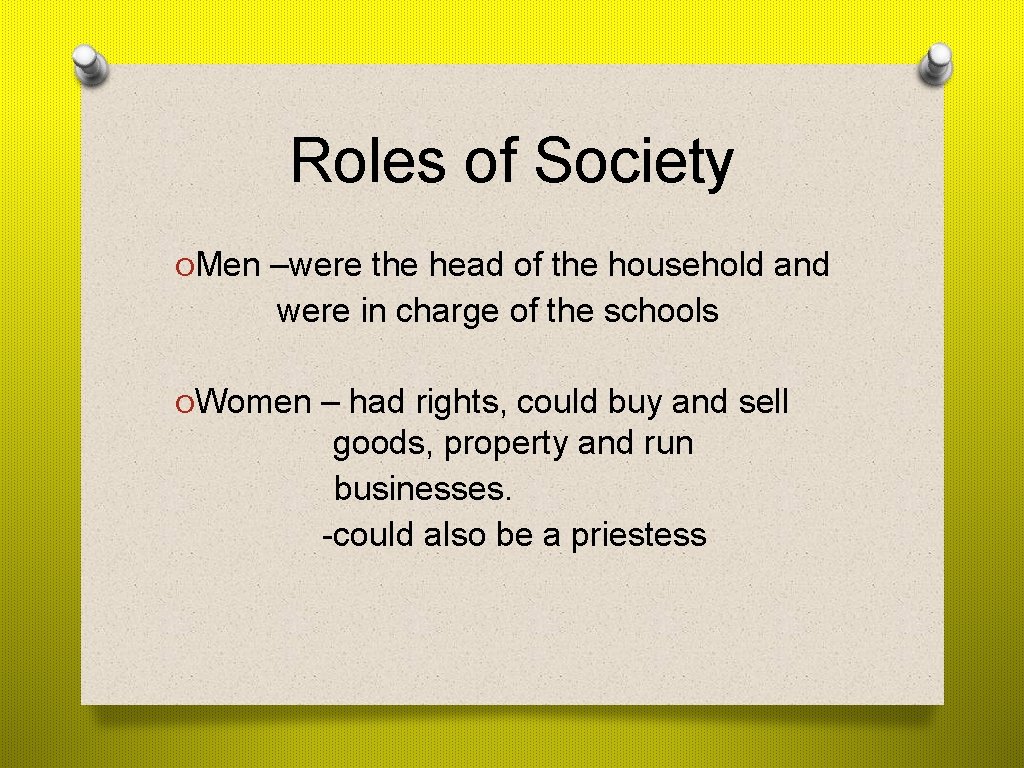 Roles of Society OMen –were the head of the household and were in charge