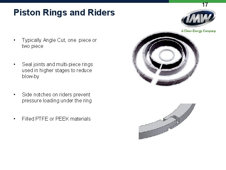 Piston Rings and Riders • Typically Angle Cut, one piece or two piece •
