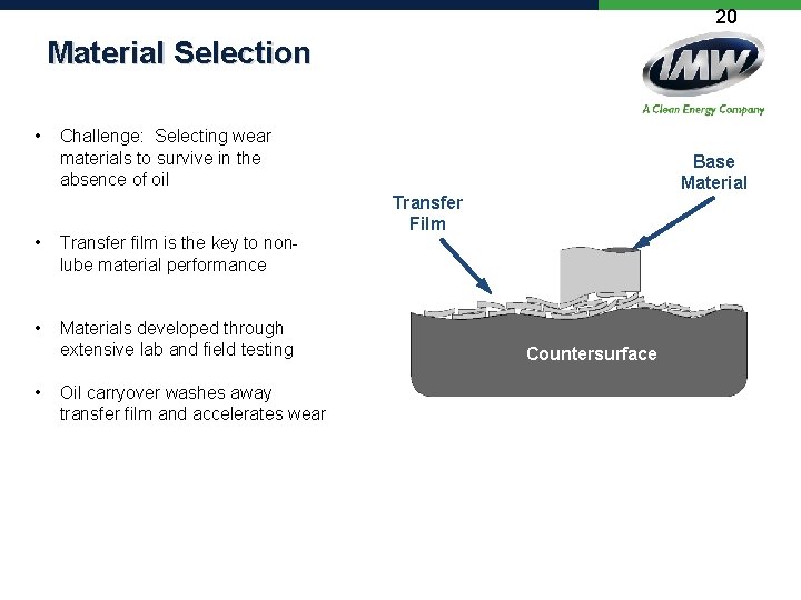 20 Material Selection • Challenge: Selecting wear materials to survive in the absence of