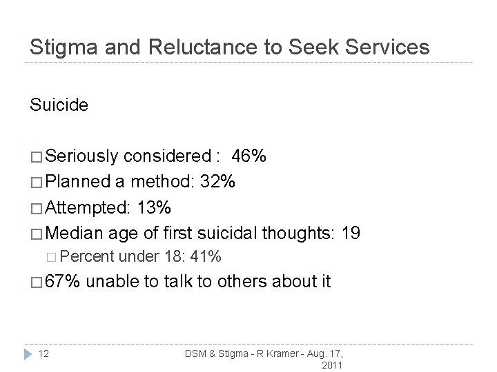 Stigma and Reluctance to Seek Services Suicide � Seriously considered : 46% � Planned