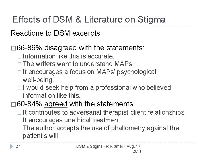 Effects of DSM & Literature on Stigma Reactions to DSM excerpts � 66 -89%