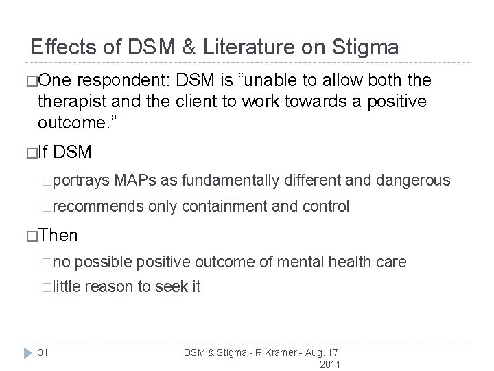 Effects of DSM & Literature on Stigma �One respondent: DSM is “unable to allow