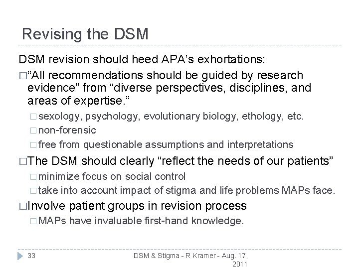 Revising the DSM revision should heed APA’s exhortations: �“All recommendations should be guided by