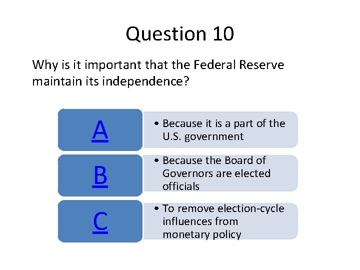 Question 10 Why is it important that the Federal Reserve maintain its independence? A