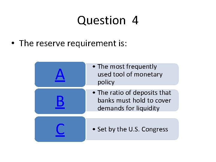 Question 4 • The reserve requirement is: A B C • The most frequently