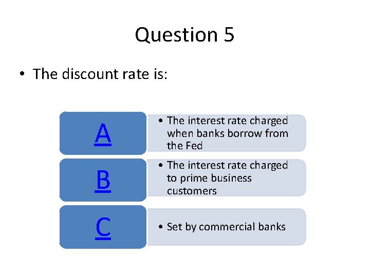 Question 5 • The discount rate is: A • The interest rate charged when