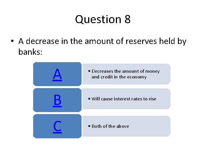 Question 8 • A decrease in the amount of reserves held by banks: A