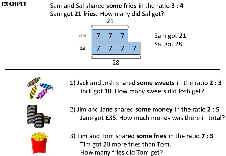 example Sam and Sal shared some fries in the ratio 3 : 4 Sam