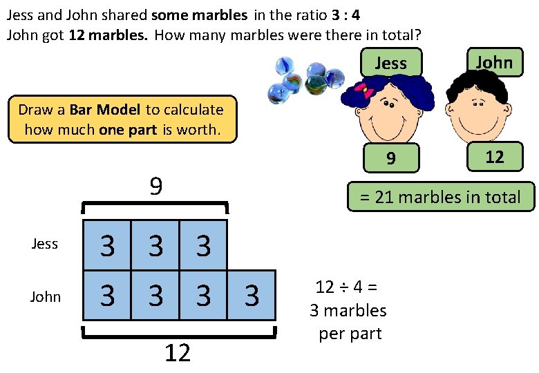 Jess and John shared some marbles in the ratio 3 : 4 John got