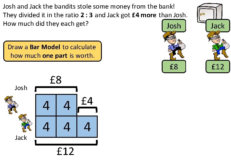 Josh and Jack the bandits stole some money from the bank! They divided it