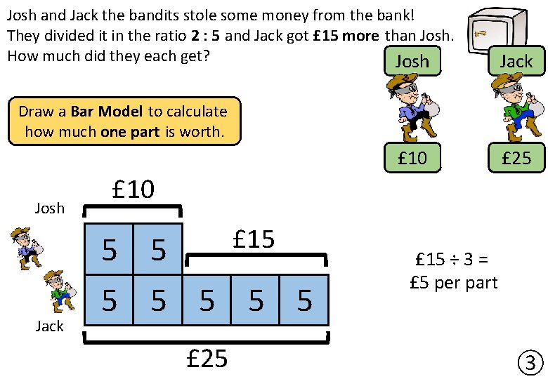 Josh and Jack the bandits stole some money from the bank! They divided it