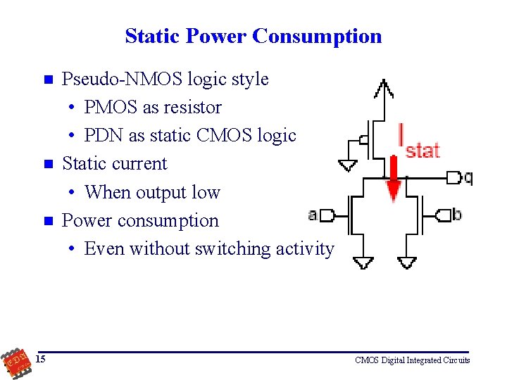 Static Power Consumption n 15 Pseudo-NMOS logic style • PMOS as resistor • PDN