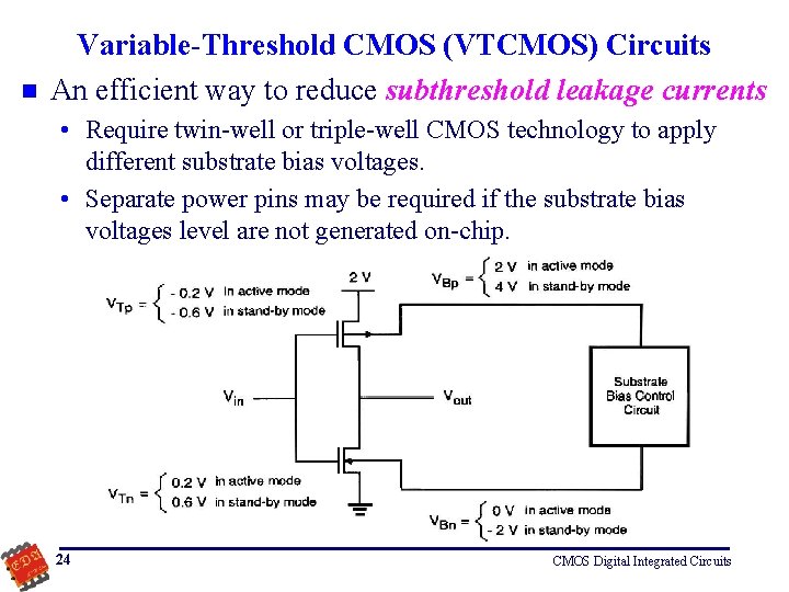 n Variable-Threshold CMOS (VTCMOS) Circuits An efficient way to reduce subthreshold leakage currents •