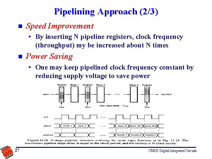 Pipelining Approach (2/3) n Speed Improvement • By inserting N pipeline registers, clock frequency