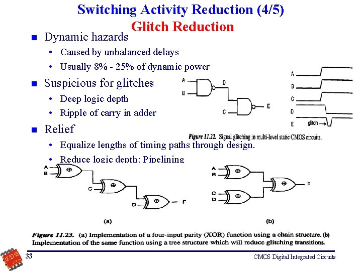 n Switching Activity Reduction (4/5) Glitch Reduction Dynamic hazards • Caused by unbalanced delays
