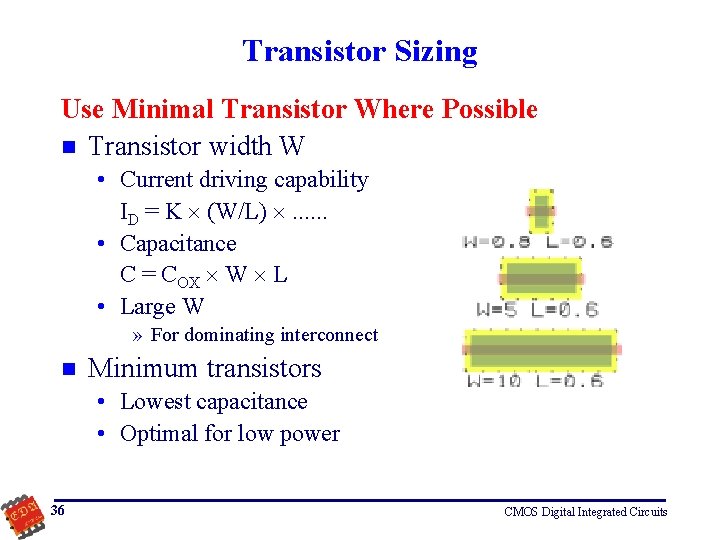 Transistor Sizing Use Minimal Transistor Where Possible n Transistor width W • Current driving