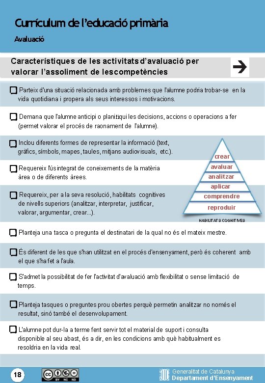 Currículum de l’educació primària Avaluació Característiques de les activitats d’avaluació per valorar l’assoliment de