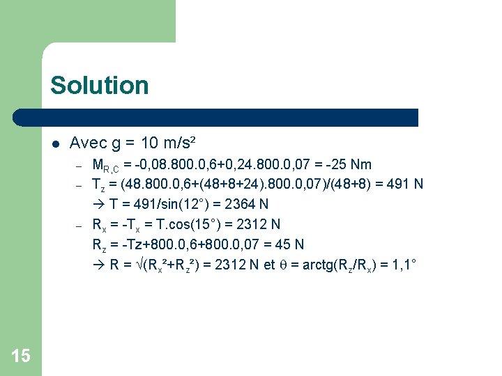 Solution l Avec g = 10 m/s² – – – 15 MR, C =