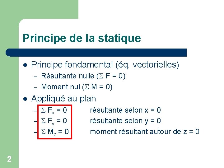 Principe de la statique l Principe fondamental (éq. vectorielles) – – l Appliqué au