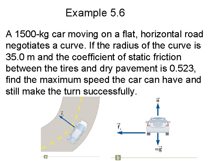 Example 5. 6 A 1500 -kg car moving on a flat, horizontal road negotiates