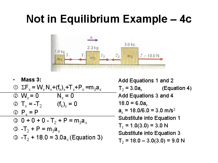 Not in Equilibrium Example – 4 c • Mass 3: SFx = Wx Nx+(fk)x+Tx+Px