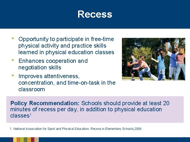 Recess • • • Opportunity to participate in free-time physical activity and practice skills