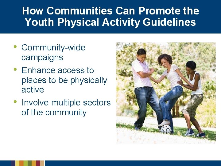 How Communities Can Promote the Youth Physical Activity Guidelines • Community-wide campaigns • Enhance