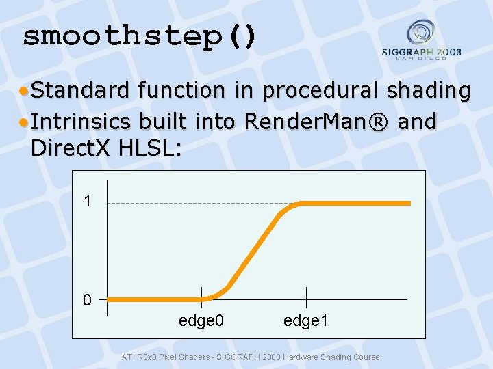 smoothstep() • Standard function in procedural shading • Intrinsics built into Render. Man® and smoothstep() • Standard function in procedural shading • Intrinsics built into Render. Man® and