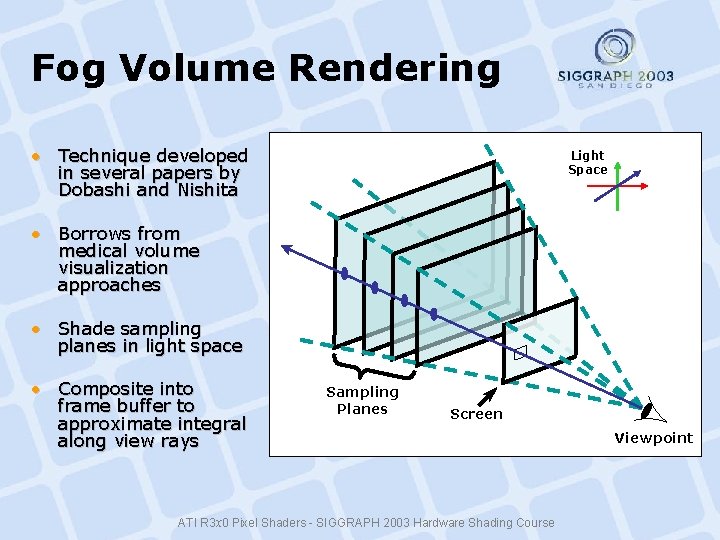 Fog Volume Rendering • Technique developed in several papers by Dobashi and Nishita Light Fog Volume Rendering • Technique developed in several papers by Dobashi and Nishita Light