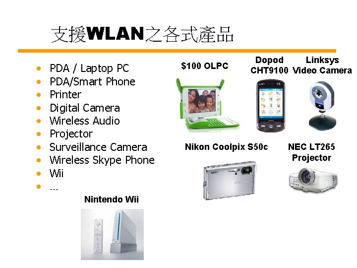 支援WLAN之各式產品 • • • PDA / Laptop PC PDA/Smart Phone Printer Digital Camera Wireless