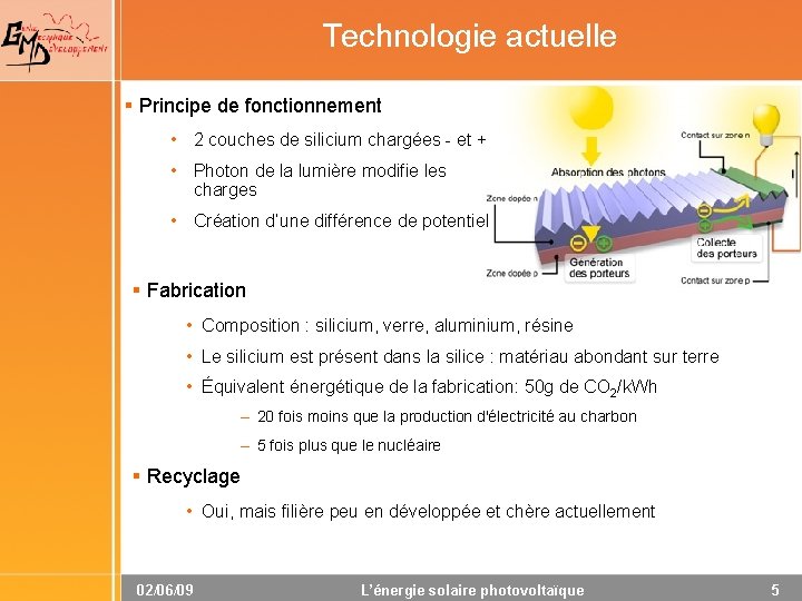 Technologie actuelle § Principe de fonctionnement • 2 couches de silicium chargées - et