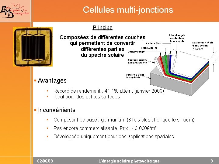 Cellules multi-jonctions Principe Composées de différentes couches qui permettent de convertir différentes parties du