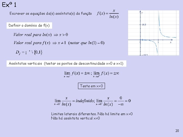 Exº 1 Escrever as equações da(s) assíntota(s) da função Definir o domínio de f(x) Exº 1 Escrever as equações da(s) assíntota(s) da função Definir o domínio de f(x)