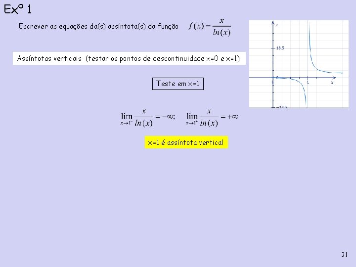 Exº 1 Escrever as equações da(s) assíntota(s) da função Assíntotas verticais (testar os pontos Exº 1 Escrever as equações da(s) assíntota(s) da função Assíntotas verticais (testar os pontos