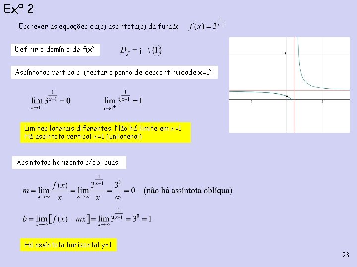 Exº 2 Escrever as equações da(s) assíntota(s) da função Definir o domínio de f(x) Exº 2 Escrever as equações da(s) assíntota(s) da função Definir o domínio de f(x)