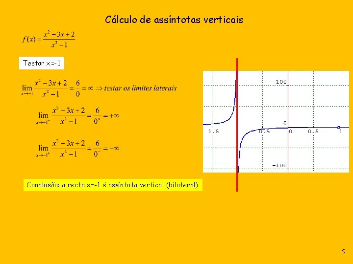 Cálculo de assíntotas verticais Testar x=-1 Conclusão: a recta x=-1 é assíntota vertical (bilateral) Cálculo de assíntotas verticais Testar x=-1 Conclusão: a recta x=-1 é assíntota vertical (bilateral)
