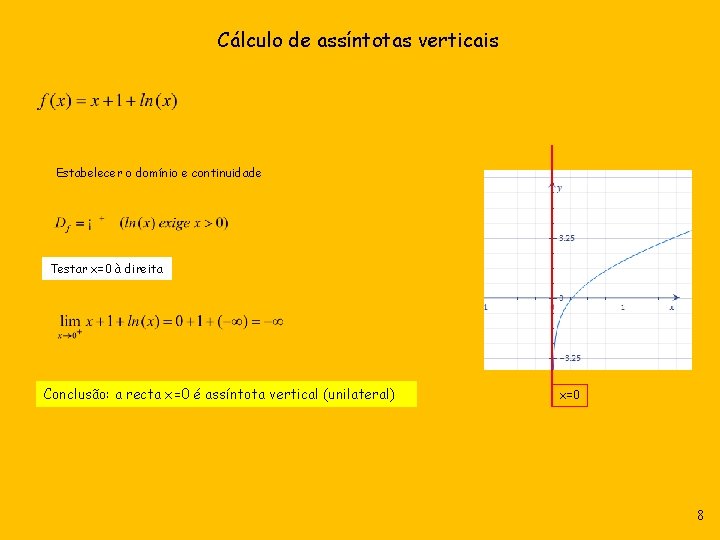 Cálculo de assíntotas verticais Estabelecer o domínio e continuidade Testar x=0 à direita Conclusão: Cálculo de assíntotas verticais Estabelecer o domínio e continuidade Testar x=0 à direita Conclusão: