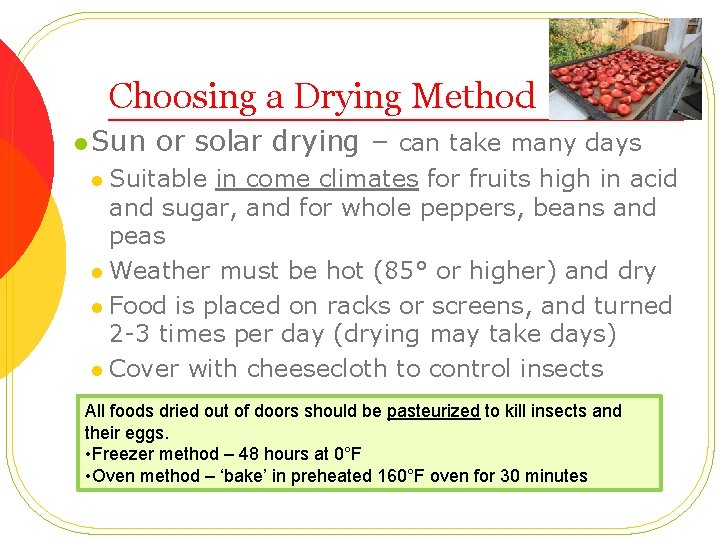 Choosing a Drying Method l Sun or solar drying – can take many days