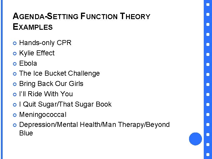 AGENDA-SETTING FUNCTION THEORY EXAMPLES Hands-only CPR Kylie Effect Ebola The Ice Bucket Challenge Bring