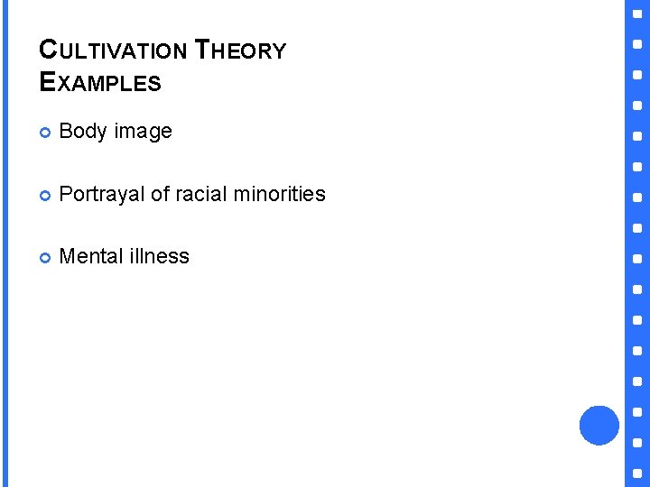 CULTIVATION THEORY EXAMPLES Body image Portrayal of racial minorities Mental illness 