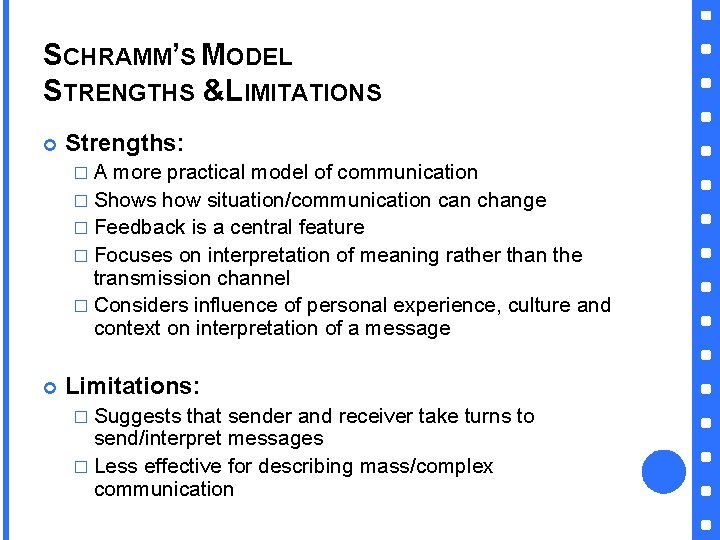 SCHRAMM’S MODEL STRENGTHS &LIMITATIONS Strengths: � A more practical model of communication � Shows