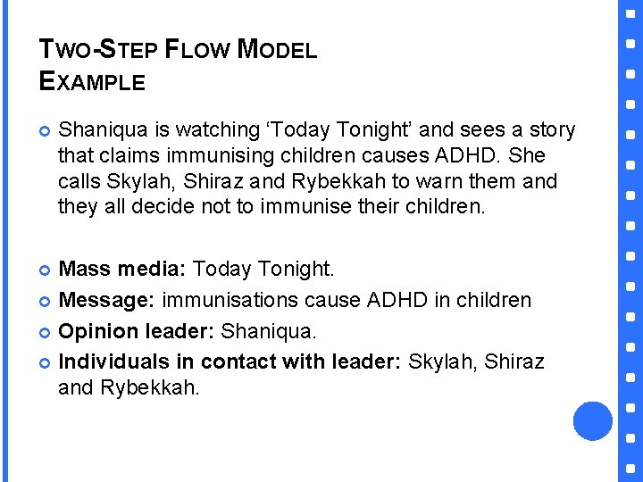 TWO-STEP FLOW MODEL EXAMPLE Shaniqua is watching ‘Today Tonight’ and sees a story that