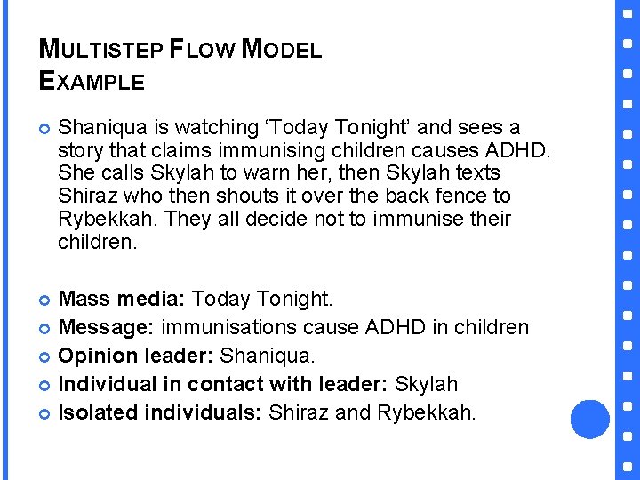 MULTISTEP FLOW MODEL EXAMPLE Shaniqua is watching ‘Today Tonight’ and sees a story that