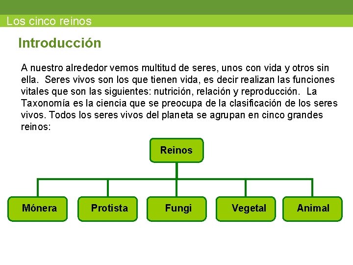 Los cinco reinos Introducción A nuestro alrededor vemos multitud de seres, unos con vida