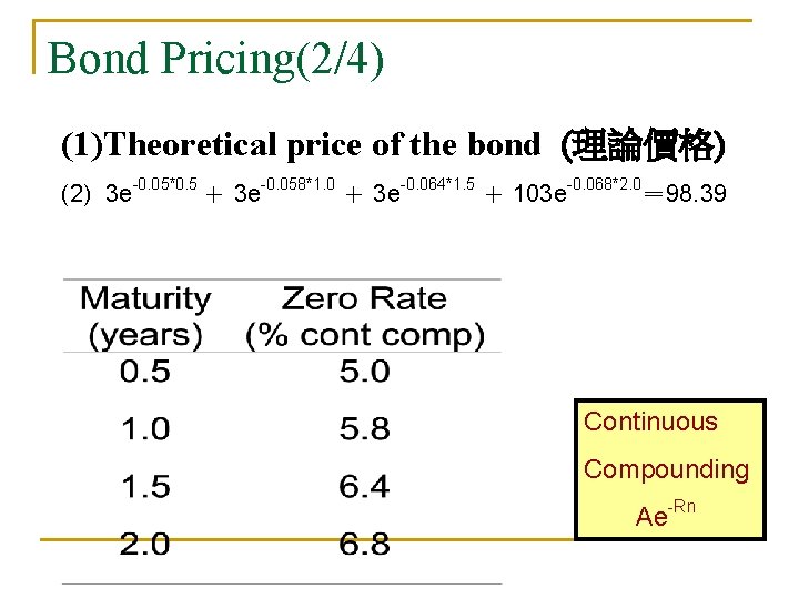 Bond Pricing(2/4) (1)Theoretical price of the bond (理論價格) (2) 3 e-0. 05*0. 5 ＋