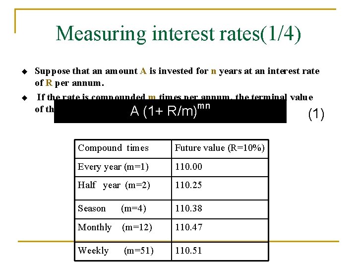 Measuring interest rates(1/4) u u Suppose that an amount A is invested for n