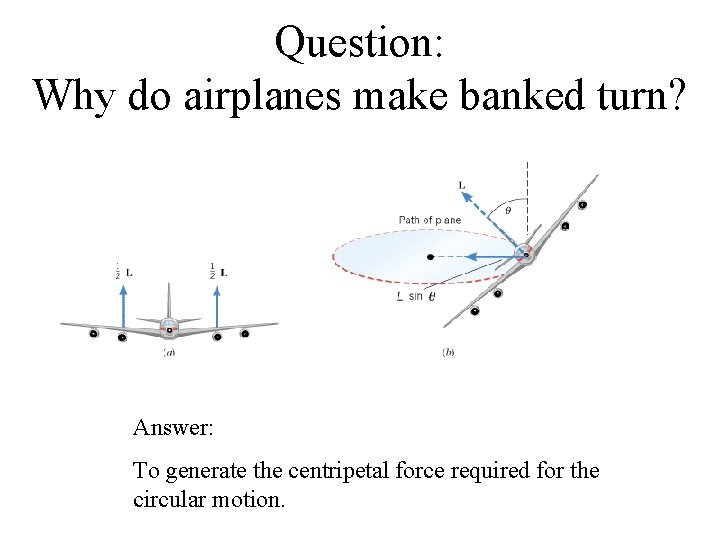 Question: Why do airplanes make banked turn? Answer: To generate the centripetal force required
